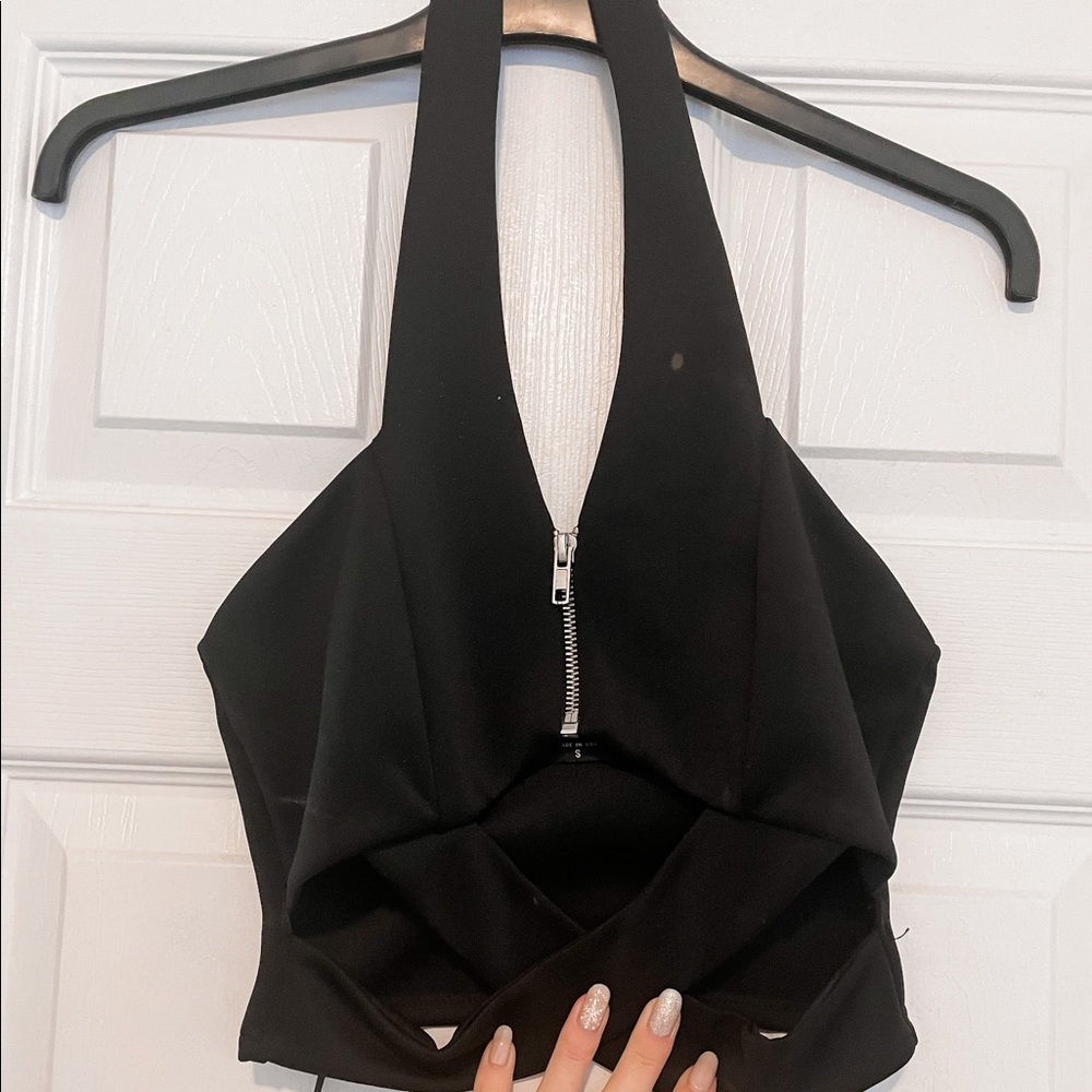 Black Crop Top with Crossover & Zipper Detail